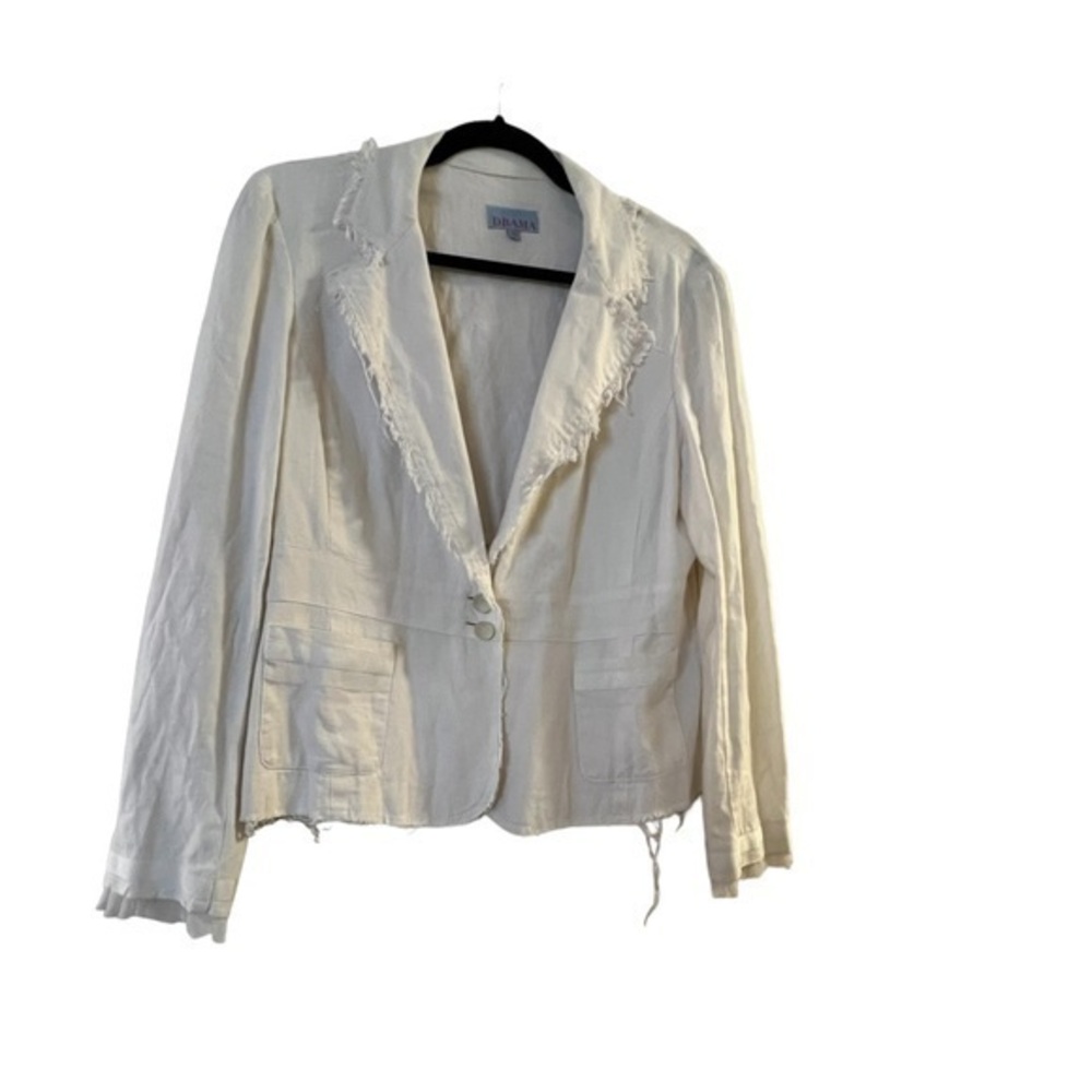DRAMA off-white linen blend raw hem blazer jacket w/ ribbon & tulle trim